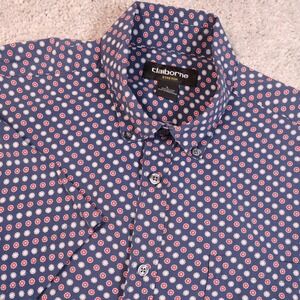 Claiborne Cotton Modal Stretch Button Down Shirt Dotted Print Short Sleeve Large